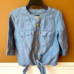 ANN TAYLOR Womens Linen Blend Tie Front Button Down Chambray Top Size XS